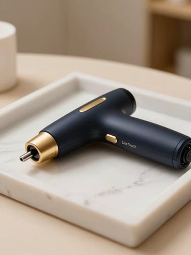 Macro photography of a sleek LiteTouch laser handpiece resting on a pristine white marble tray, soft warm gold accents, diffused high-end wellness spa lighting.
