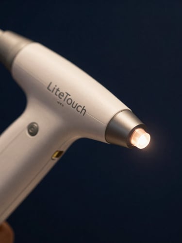 Tight artistic macro shot of the LiteTouch dental laser emitting a soft warm light, shallow depth of field, deep navy background, 35mm editorial luxury photography.
