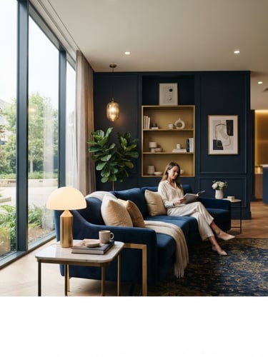Wide panoramic architectural shot of a serene, high-end dental clinic lounge with soft diffused side-lighting, deep navy and warm gold tones, shallow depth of field, 35mm.