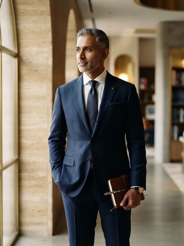 Editorial luxury portrait of a male doctor in a tailored navy suit standing in a serene, softly lit architectural space, 35mm shallow depth of field, warm diffused side-lighting.