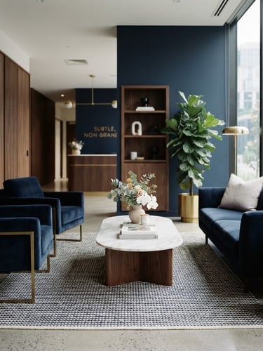 Wide clean architectural angle of a serene luxury dental clinic lounge, soft diffused side-lighting, deep navy and warm gold tones, elegant furniture, 35mm photography.