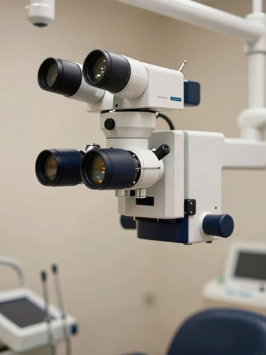 Editorial luxury photography of a high-end dental microscope in a serene clinic environment, soft diffused side-lighting, crisp white and navy tones.