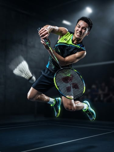 High-speed action shot of a badminton player mid-smash on a dark court, racket frame showing woven carbon fiber, electric neon accents, dramatic studio lighting.