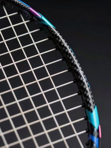 Extreme close-up of a badminton racket frame showing intricate carbon fiber weave under dramatic studio lighting, sharp details, dark background, 85mm lens.