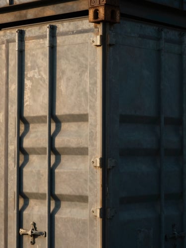 Close-up of a clean, industrial steel shipping container corner casting with high-contrast shadows, architectural framing
