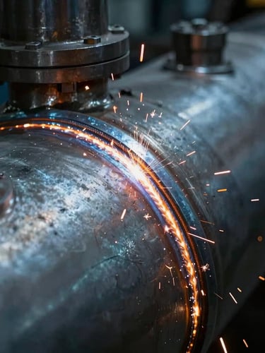 Extreme close-up of a flawless sub-arc weld seam on a massive steel pressure vessel, dramatic warm orange sparks flying against cold steel blue workshop lighting, gritty industrial photography