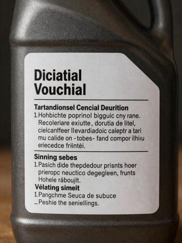 Close-up of industrial gear oil container label with viscosity grade and specification markings, studio lighting eliminating label glare, product container centered in frame