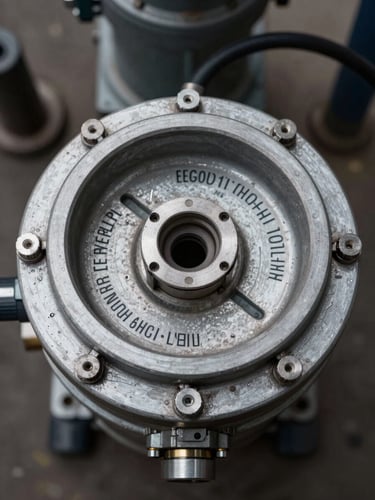 Close-up overhead view of an industrial lubrication reservoir fill port on heavy machinery, evenly lit with overcast daylight, spec markings on the equipment fully legible, no people visible