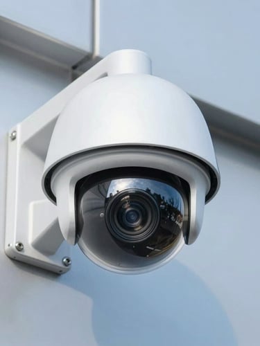 Close-up of a professional dome CCTV camera installed on a clean building facade, bright daylight, clear glass lens, technical photography