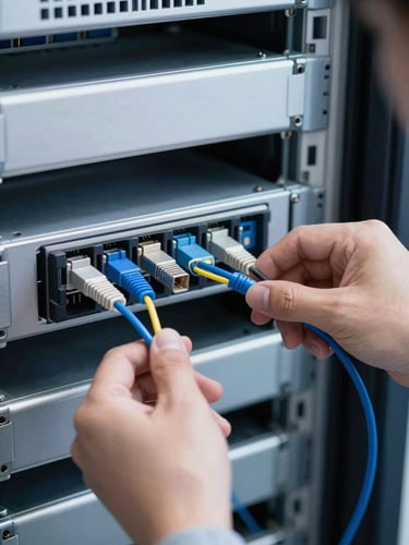 Close-up of a professional IT engineer splicing a blue fiber optic cable in a bright server room, clean technical photography, 35mm