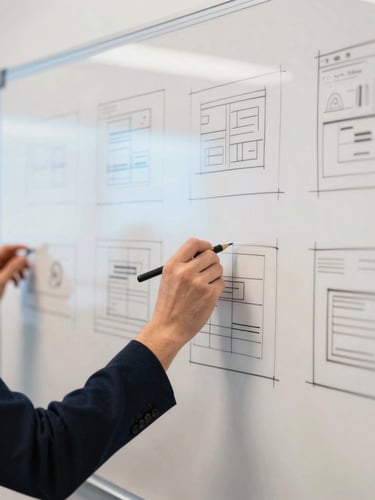 Warm editorial technology photography, close-up of a collaborative whiteboard session with hand-drawn wireframes, soft blue screen glow, 35mm