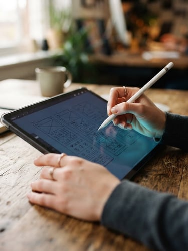 Close-up of hands sketching wireframes on a tablet, soft blue screen glow, warm natural desk lighting, 35mm