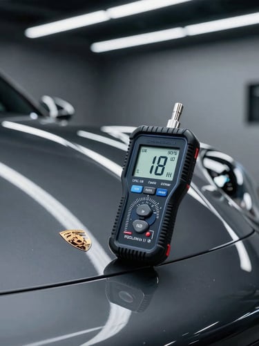 Sleek automotive photography of a digital paint depth gauge displaying micron measurements on a clean Porsche fender, sharp LED reflection lines on the dark paint, premium garage background, 35mm lens.