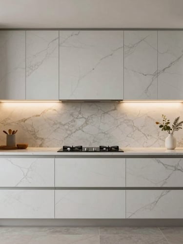 Straight-on architectural photograph of a luxury kitchen featuring perfectly aligned marble veining and warm diffused lighting.