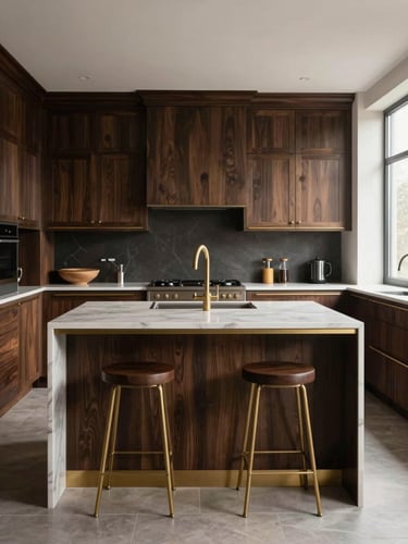 Straight-on architectural view of a luxury kitchen island, dark oak cabinetry, gold accents, soft natural light from a side window.