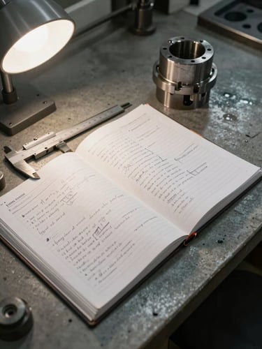 Close overhead shot of a shop floor workstation: a worn procedure binder open to a hand-annotated page, a steel measuring caliper resting beside it, and a machined part mid-inspection, ambient factory light from the left, concrete surface, no people, industrial documentary framing