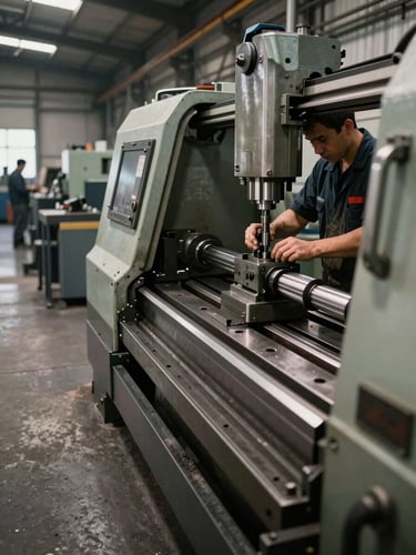 Wide factory bay shot from the left aisle, a machinist's hands adjusting a fixture on a CNC lathe in the right third, ambient north-side factory light casting soft shadows across the steel machine bed, concrete floor visible in the foreground