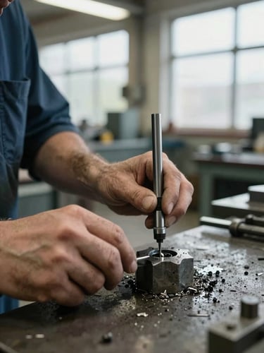 Close-up of a machinist's hands measuring a steel component with a micrometer on a worn metal workbench, ambient shop floor lighting from high industrial windows, chips and coolant visible, documentary framing