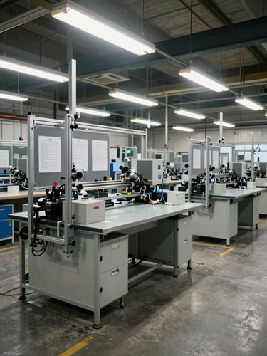 Wide shot of an active production floor with overhead fluorescent lighting, steel fixtures and assembly stations mid-cycle, no workers in frame, written procedure sheets visible pinned to a workstation board, concrete floor, documentary industrial framing