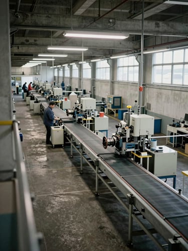 Wide shot looking down a manufacturing production line from a mezzanine vantage point, conveyor and assembly stations visible in sequence, overhead fluorescent and natural side light, workers at stations in the middle distance, concrete and steel structure, muted industrial tones, no staged poses, trade-publication framing