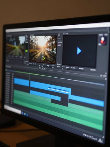 Macro close-up of a professional video editing timeline on a high-end monitor, showing clean audio and video tracks with an electric blue playhead indicator, moody low-key studio lighting with a subtle amber backlight.