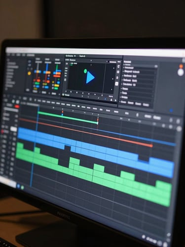 Extreme close-up of a high-end video editing monitor displaying a complex multi-track timeline, glowing blue playhead marker, dark studio environment, shallow depth of field.