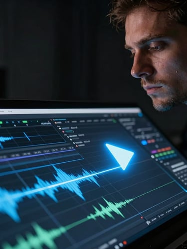 Extreme close-up portrait of a professional video editing timeline interface, glowing electric blue playhead marker slicing through detailed audio waveforms, dark studio background, low-key lighting.