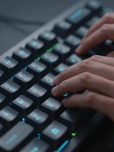 Macro close-up of developer hands typing on a mechanical keyboard, cool crisp studio lighting with subtle green ambient glows, shallow depth of field