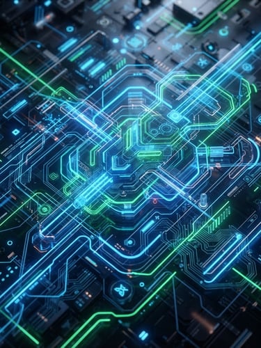 Sleek tech 3D render of glowing abstract interface elements, electric blue and neon green neon lines, dark mode design aesthetic, crisp studio lighting, macro shot