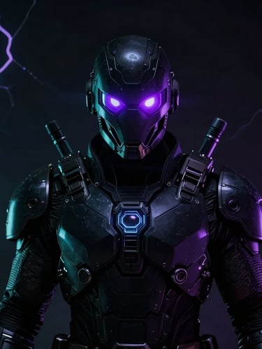 Dramatic shadow-drenched portrait of an alternative dystopian hero wearing technical armor, glowing purple visor highlights, dark comic-book noir style, high contrast, cinematic light