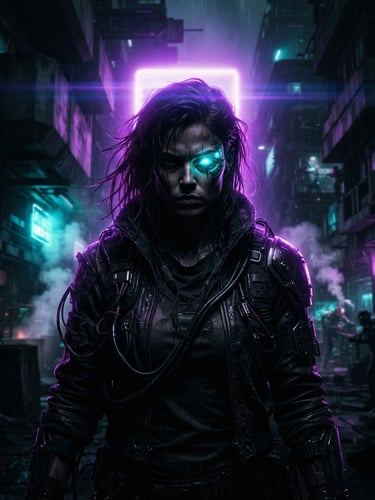 Dramatic shadow-drenched portrait of a dystopian alternative hero, high-contrast neon purple backlighting, cybernetic glowing eye, dark sci-fi brutalism style, anamorphic lens flare