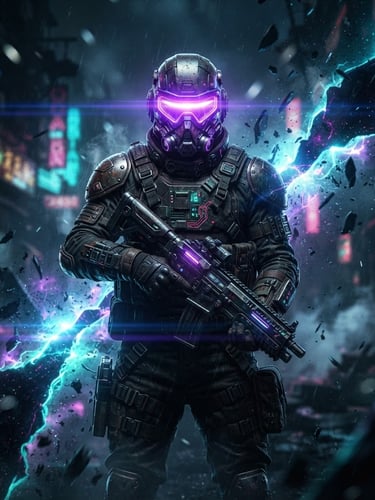 Cinematic dark sci-fi portrait of a dystopian, shadow-drenched alternative hero with glowing neon purple visor, standing amidst fractured temporal rifts, anamorphic lens