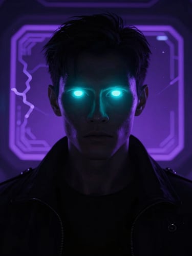 A shadow-drenched portrait of an alternative, dystopian hero with glowing neon cyan eyes, looking out from a dark, high-tech command center with purple holographic screens.