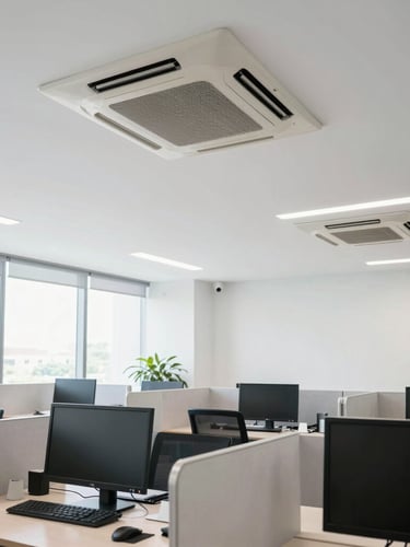 Bright modern corporate office interior with clean, well-maintained ceiling-mounted air conditioning cassette units, professional business environment in Bengkulu.