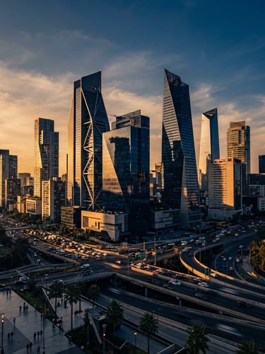 Wide panoramic shot of modern, high-rise architectural lines in a Mexican financial district at golden hour, sharp shadows, cool tones with warm highlights, 35mm lens.