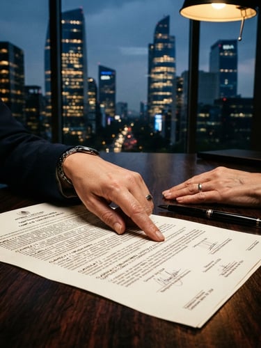 Wide-angle shot of modern, imposing Mexican financial district architecture at dusk, with cool shadows and warm gold highlights. A close-up of a serious legal professional's hands pointing at a complex contract on a dark wooden table, high contrast, dramatic lighting.