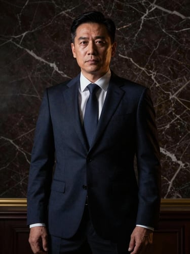 Dramatic low-key portrait of an elite criminal defense attorney in a dark navy suit, sharp chiaroscuro lighting, deep shadows, marble background, high authority.