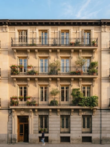 Medium architectural shot of a sunlit Madrid residential facade with elegant balconies, soft morning light, warm sand-beige tones, 35mm