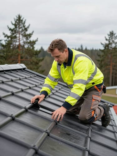 A professional Latvian roofing technician wearing clean high-visibility safety gear inspecting standing seam metal roof tiles under bright overcast Baltic daylight, pine trees in background, clean composition.