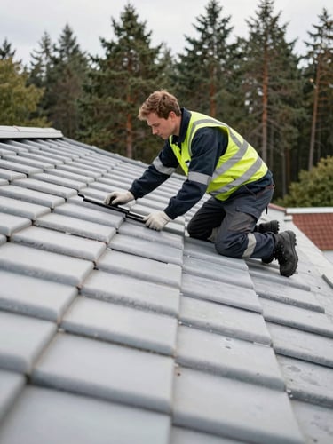A professional technician in clean, branded safety gear working on a pristine tile roof in Jūrmala, bright overcast Baltic daylight, portrait framing showing the clean parallel lines of the tiles and pine forest in the background.
