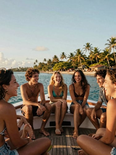 Candid group of friends laughing on a wooden boat deck in Guanabara Bay, warm golden-hour tropical sunlight, 35mm film aesthetic