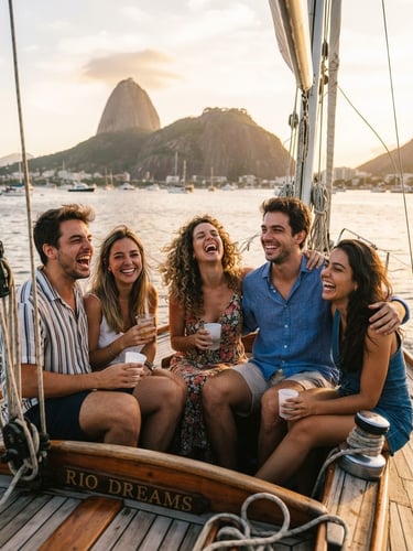 Candid group of friends laughing on a sailboat in Guanabara Bay, Sugarloaf Mountain in the background, warm golden hour tropical sunlight, 35mm film aesthetic