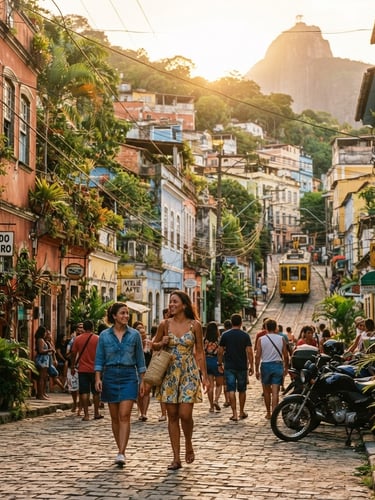 Candid eye-level shot of a sun-drenched Rio street in Santa Teresa, warm golden hour tropical sunlight, rich saturated colors, 35mm film aesthetic.