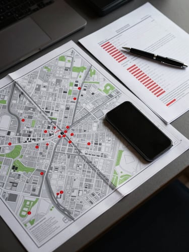Overhead surveillance angle of a professional desk: a detailed city map with marked locations, a smartphone face-down, printed documents with redacted text, a pen resting on paper — high-contrast studio lighting, deep shadows, no faces visible