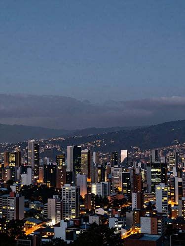 Wide panoramic view of Bogotá skyline at dusk from an elevated surveillance vantage point, city lights beginning to emerge in the valley below, dark blue-grey sky dominating the upper two-thirds, no people visible