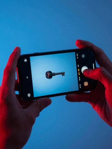 Low-angle dynamic close-up of hands holding a smartphone displaying a high-contrast video loop, sharp red key light and cool blue ambient fill, 35mm lens