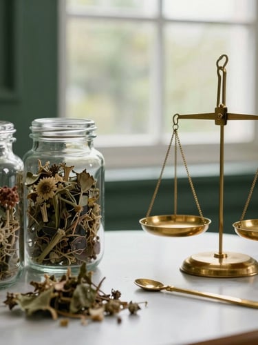 An elegant clinical consultation setup, raw dried botanicals in glass jars, brass scales, soft natural window light, deep forest green accents, 35mm photography