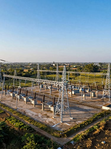 Wide environmental shot of massive electrical substation infrastructure and high-voltage transmission towers cutting across the rural South Indian landscape, bright daylight, sharp geometric lines