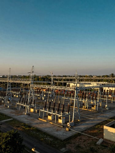 Wide-angle architectural scale shot of massive high-voltage substation infrastructure in Karnataka, clean geometric lines, low-sun golden hour, high contrast