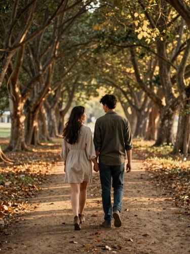 Una pareja joven, tomados de la mano, caminando por un sendero arbolado con luz solar filtrándose, simbolizando apoyo y un camino compartido, fotografía editorial cálida.
